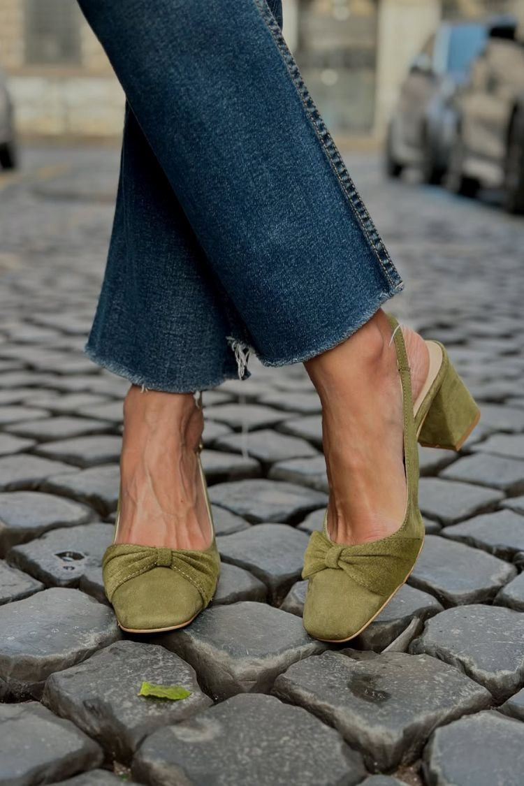 Olivgrüne Schleife Kunstwildleder Slingback Elegante Blockabsätze [Vorbestellung]