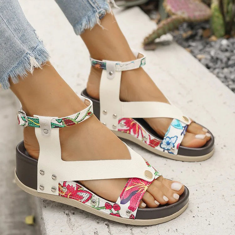 Leopard Print Metal Rivets Ankle Strap Buckle Round Toe Wedge Sandals