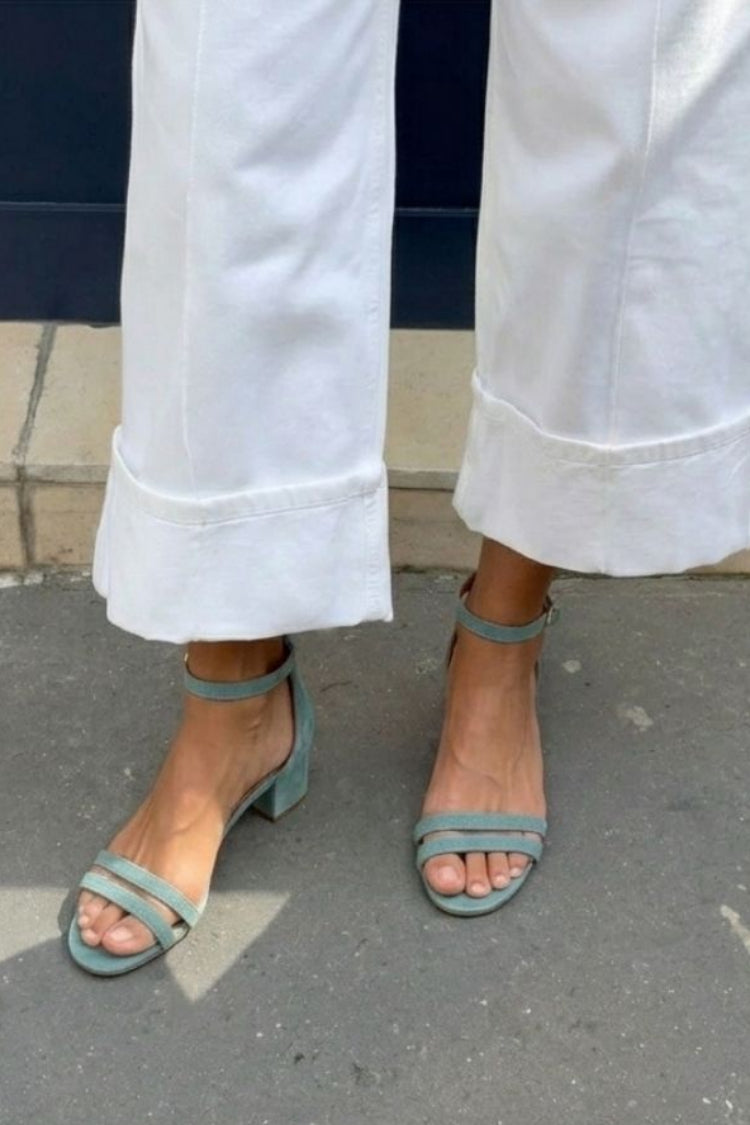 Sandali con Tacco Largo Doppia Fascia e Cinturino alla Caviglia in Pelle Scamosciata Verde [Pre-ordine]