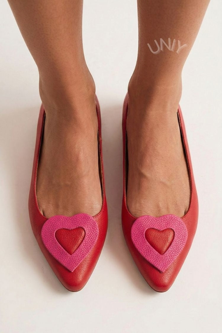 Red Leather Pointed Toe Heart Accent Pink Trim Flats [Pre Order]