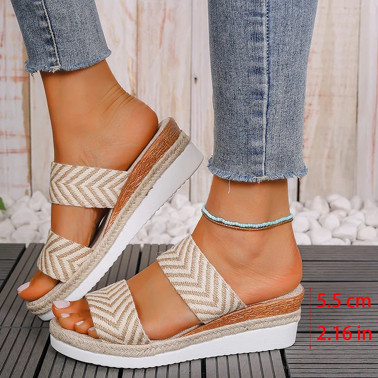 Woven Pattern Double Instep Belt Platform Wedge Espadrille Slippers