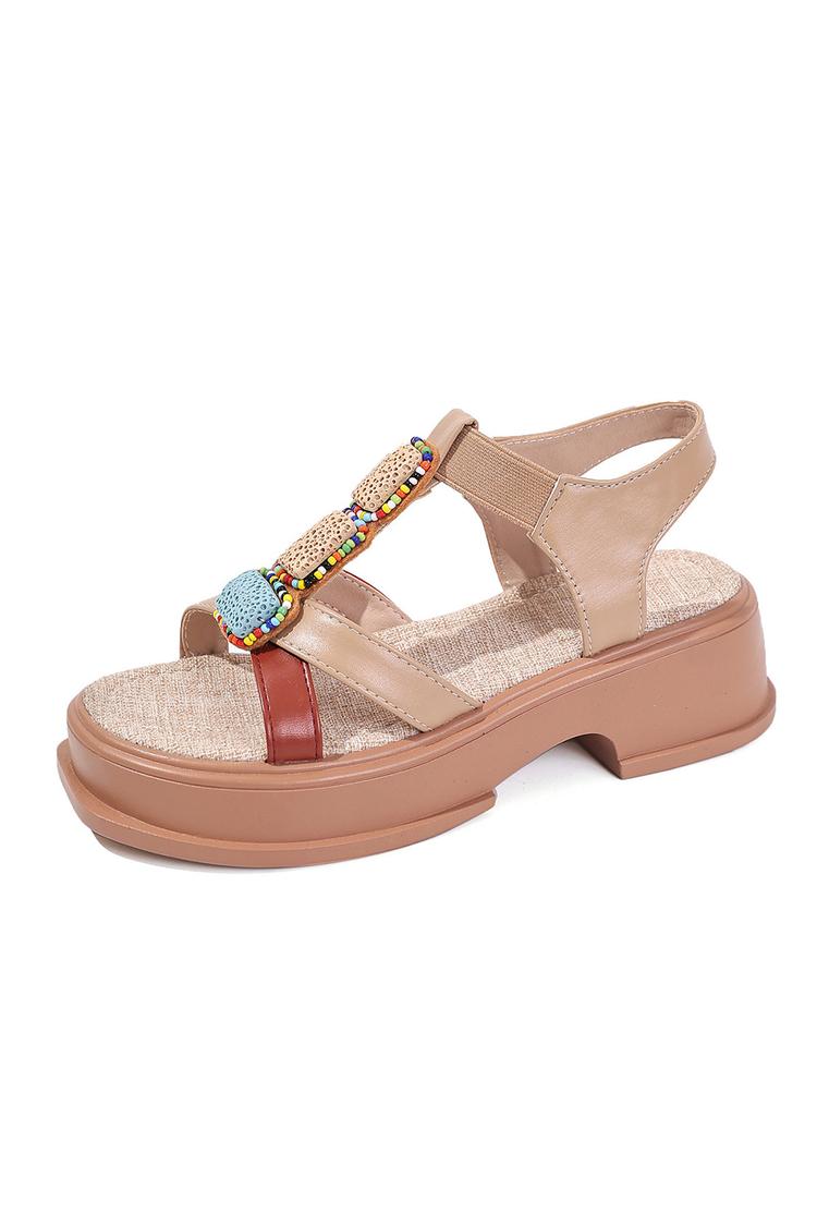 Mehrfarbige Perlen Dekor T-Riemen Rund Zehen Freizeit Outdoor Sandalen