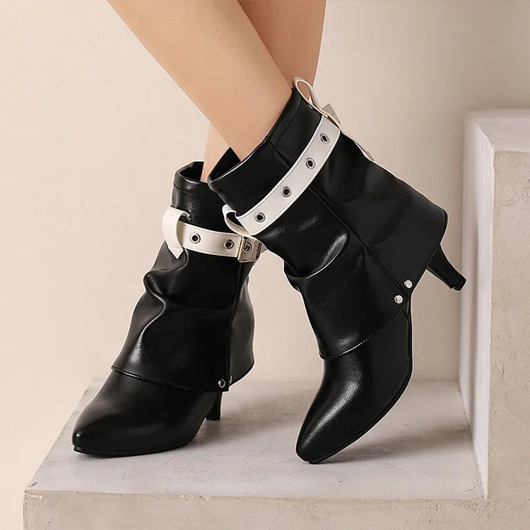 Colorblock Strap Buckle Fold Over Pointed Toe Kitten Heel Ankle Boots