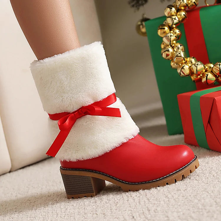 Christmas Colorblock Fluffy Tied Up Bow Round Toe Chunky Heel Mid Boots