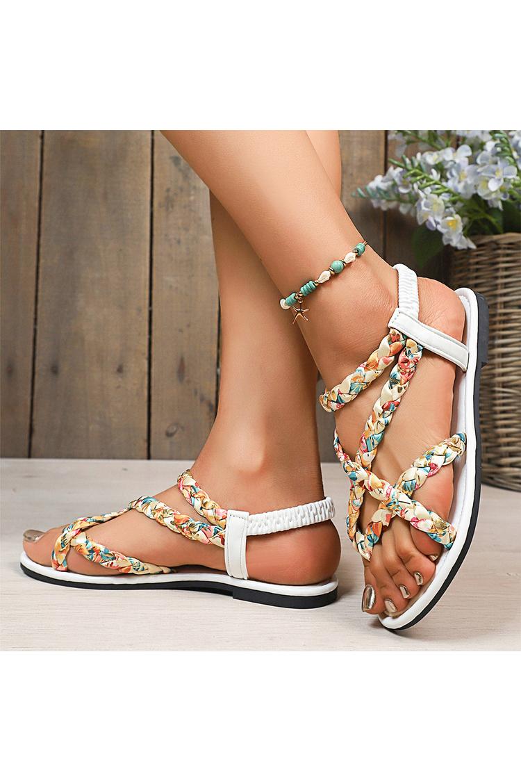 Sandali casual con punta tonda, cinturino incrociato intrecciato e stampa multicolore 