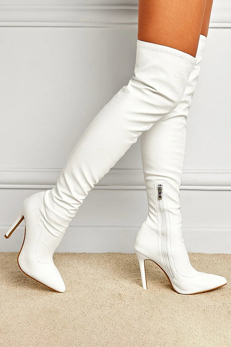 Zipper Pointed Toe Stiletto Heel Solid Color Over The Knee Boots