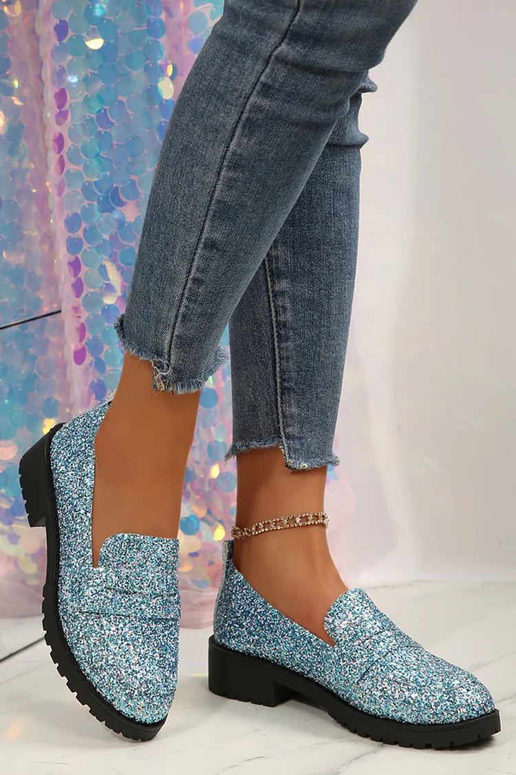 Brokatowe mokasyny typu slip-on z okrągłym noskiem, niskim blokowym obcasem i wzorem patchworkowym