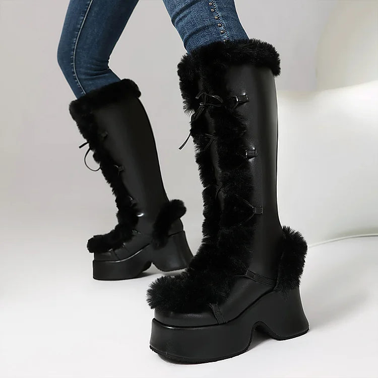 Fluffy Trim Lace Up Round Toe Chunky Heel Platform Snow Boots