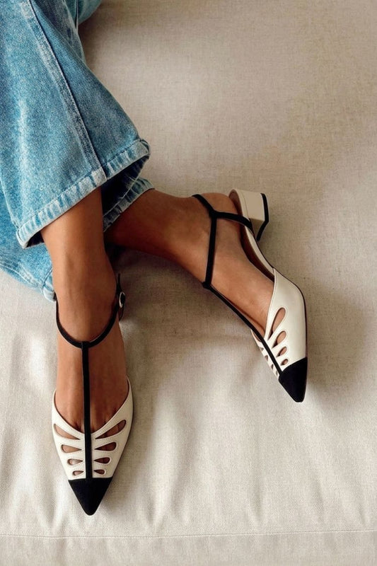 Stylish Bicolor Pointed Toe T-Bar Cut-Out Low Heels [Pre Order]
