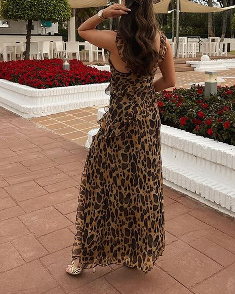 Vestido elegante de chiffon com estampa de leopardo dividido