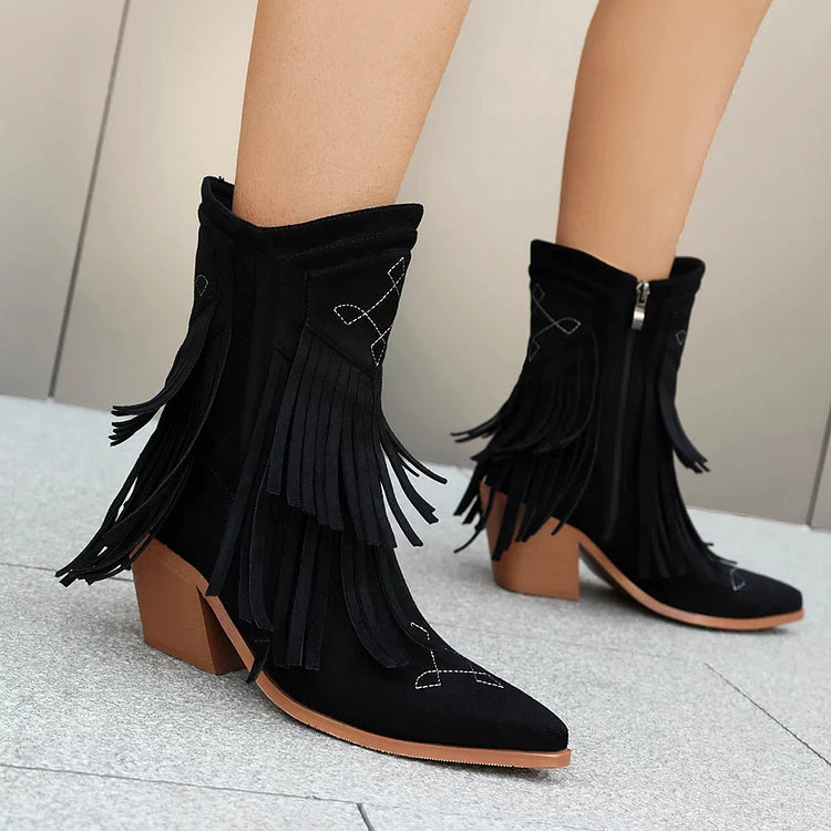 Multicolor Fringed Trim Zipper Pointed Toe Chunky Heel Western Boots