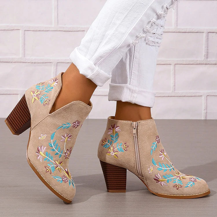 Floral Leaf Embroidery Round Toe Zipper Chunky Heel Ankle Boots