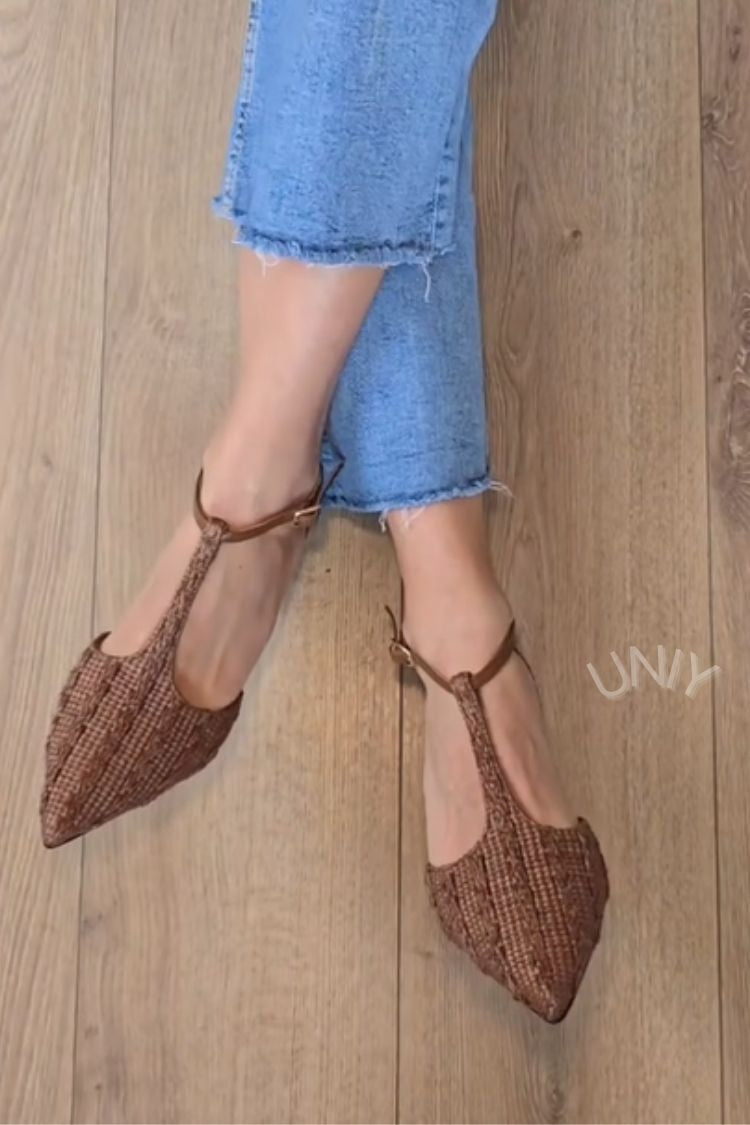 Vintage Brown Woven Texture T-Strap Pointed Toe Flats [Pre Order]