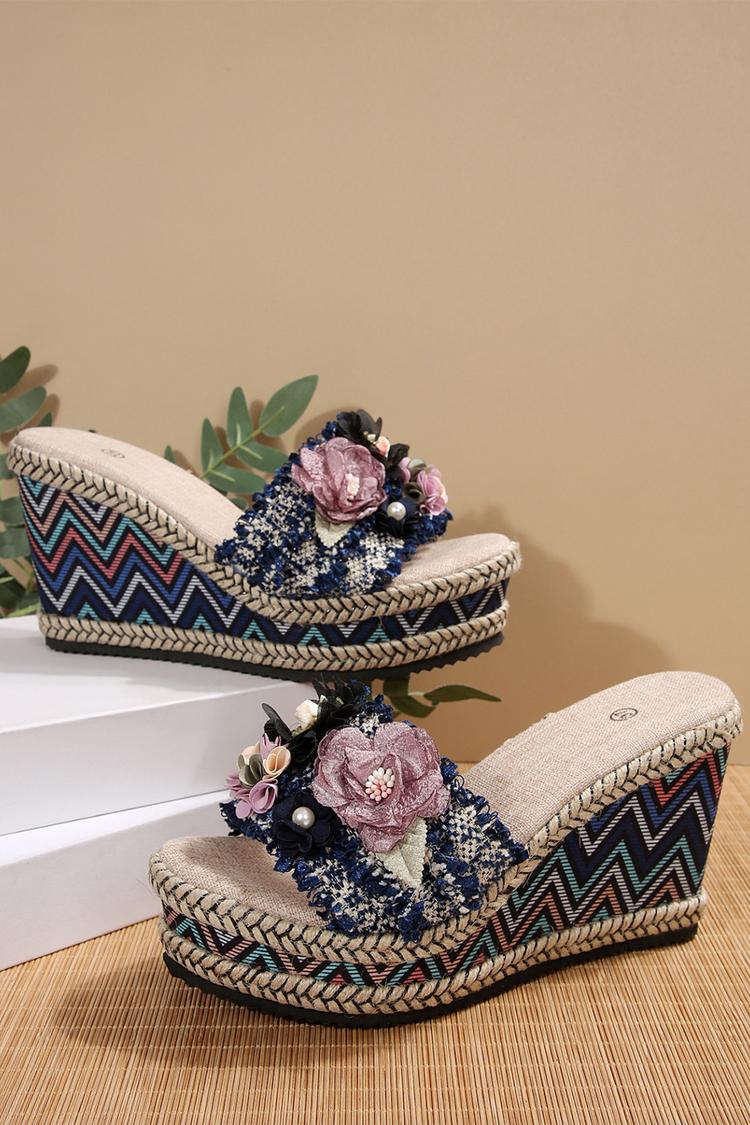 Wielokolorowa 3D dekoracja kwiatowa, okrągły nosek, casualowe, na zewnątrz, koturny na obcasie