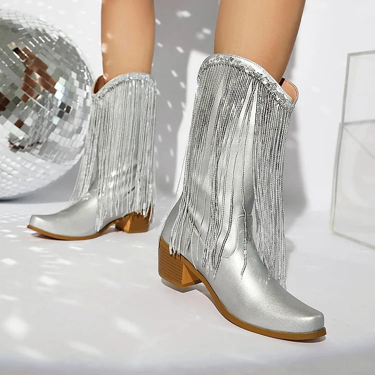 Metallic Sheen Fringed Trim Pointed Toe Chunky Heel Mid Boots