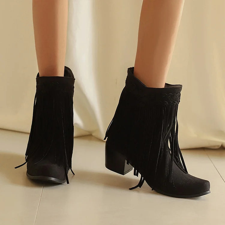 Pointed Toe Braided Fringed Trim Solid Color Chunky Heel Mid Boots