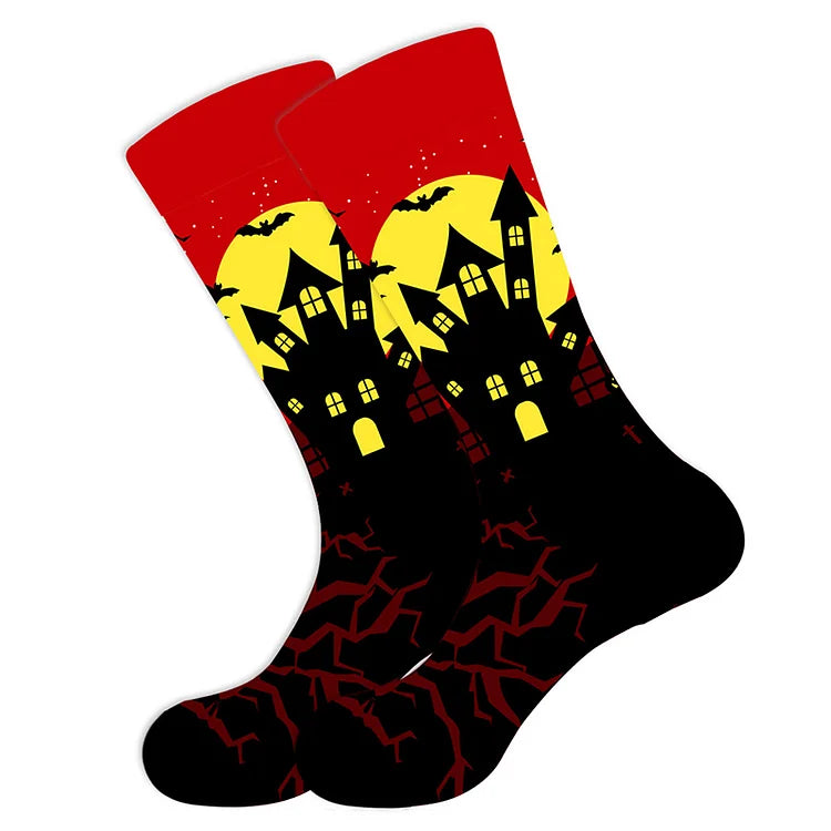 Halbhohe Socken mit Halloween-Element-Hexe-Spukhaus-Kürbis-Vogelscheuchen-Print