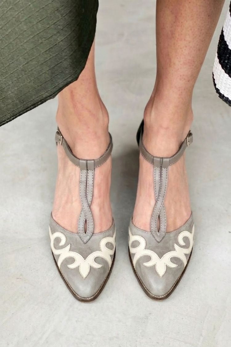 Vintage Grey Appliqué T-Strap Pointed Toe Mid Heels [Pre Order]
