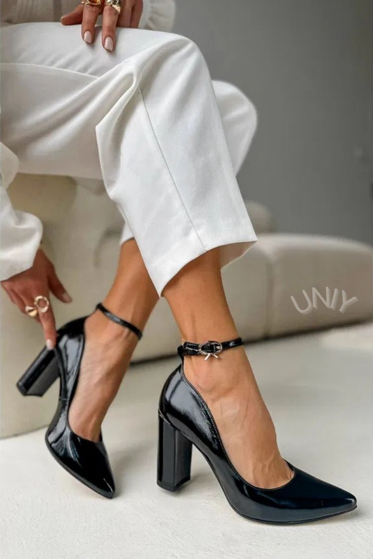 Chic Solid Color Patent Leather Ankle Strap Block Heel Pumps [Pre Order]