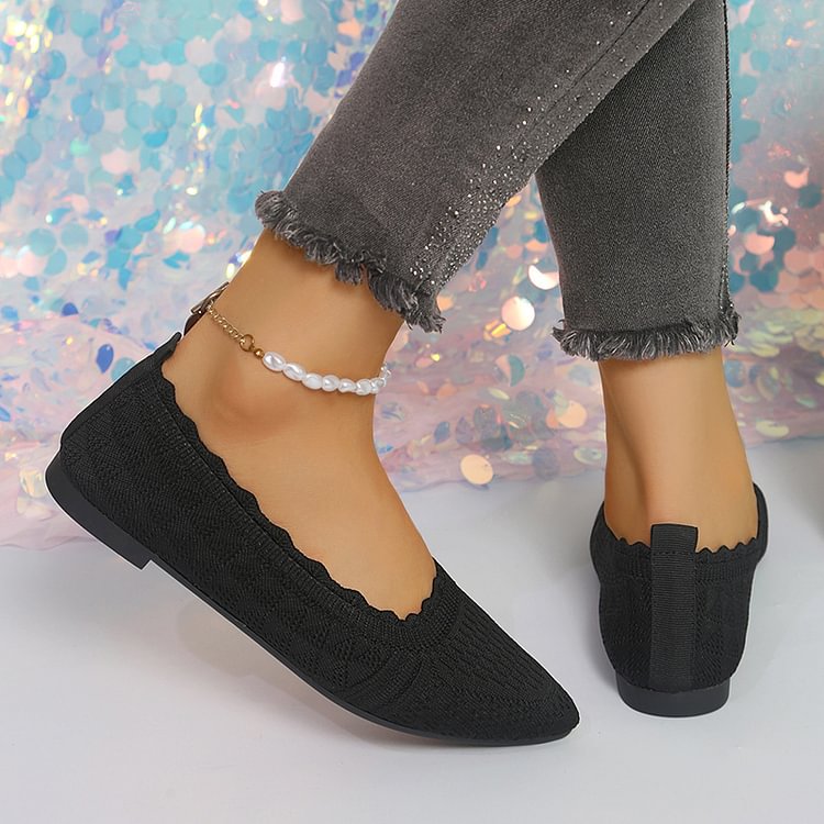 Knitted Solid Color Pointed Toe Patchwork Slip On Flats