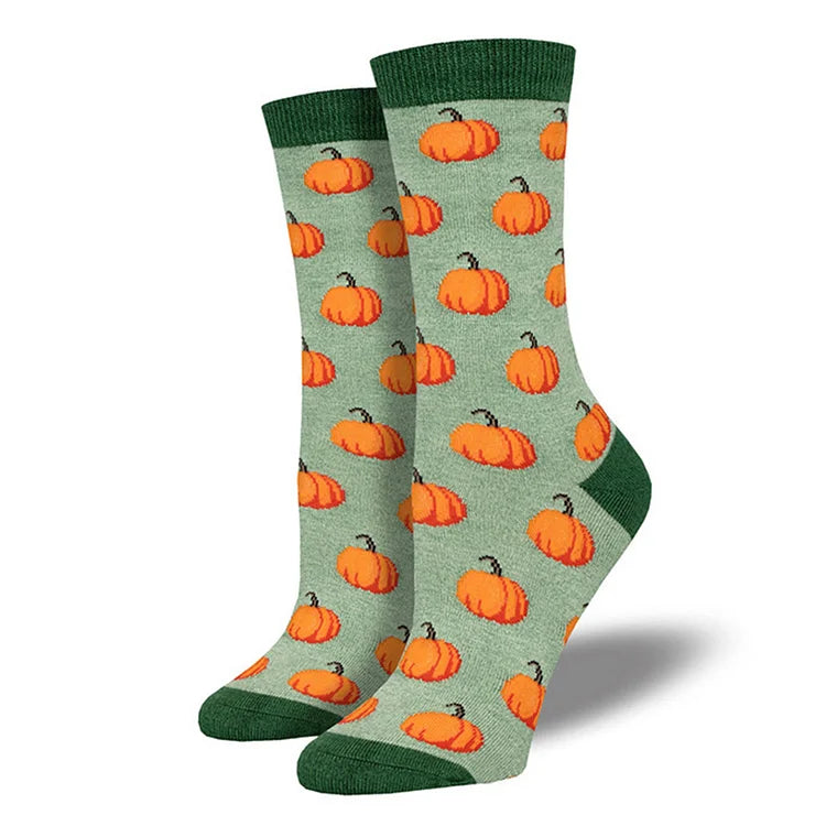 Calcetines de media pantorrilla con estampado de esqueleto, búho, calabaza, hoja de arce y bruja para Halloween 