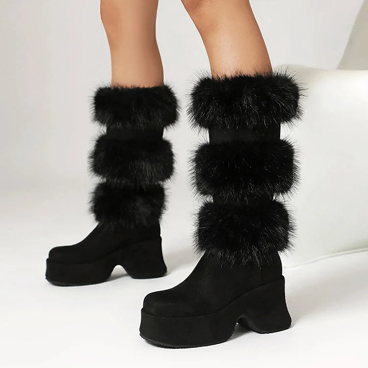 Colorblock Fluffy Trim Round Toe Chunky Heel Platform Mid Calf Boots