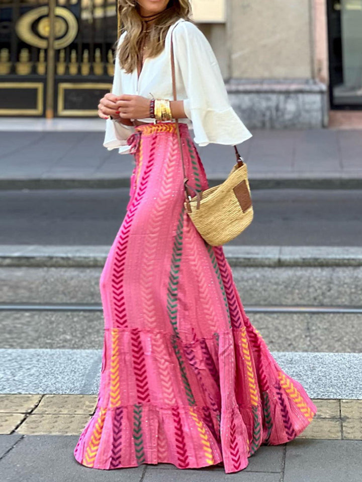 Chevron Pattern High Waist Drawstring Big Swing Maxi Skirt