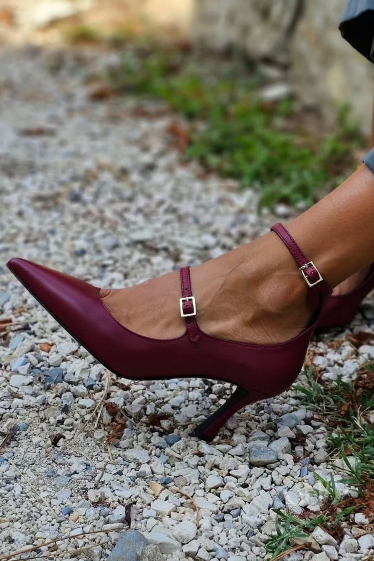 Burgundy Pointed Toe Double Strap Stiletto Heels [Pre Order]