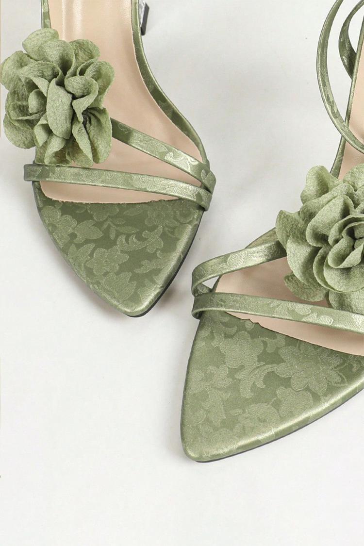 Ankle Strap Buckle 3D Flower Decor Satin Pointed Toe Stiletto Heels