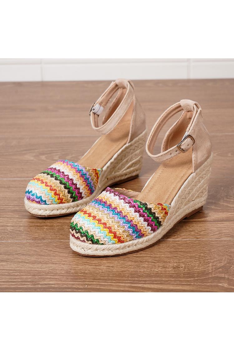 Sandali casual con zeppa, punta tonda multicolore, cinturino alla caviglia e fibbia 