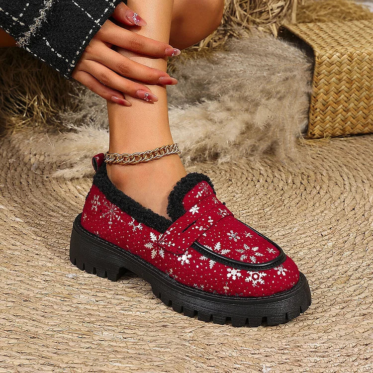 Christmas Snowflake Print Faux Fur Lined Round Toe Low Block Heel Loafers