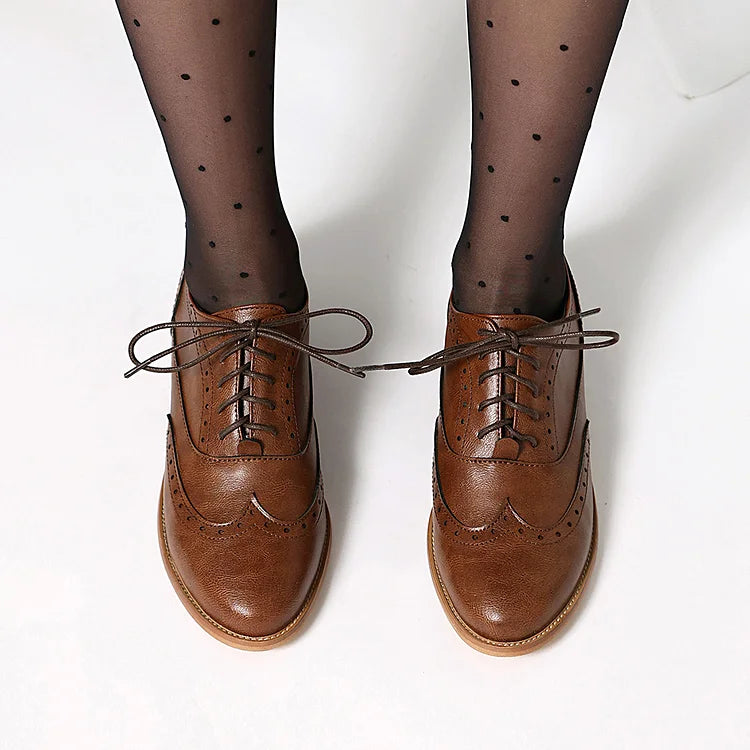 Patchwork Solid Color Round Toe Low Block Heel Lace Up Brogue Oxfords