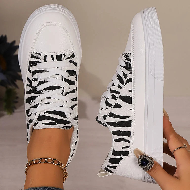 Zebra Print Patchwork Round Toe Casual Lace Up Tênis