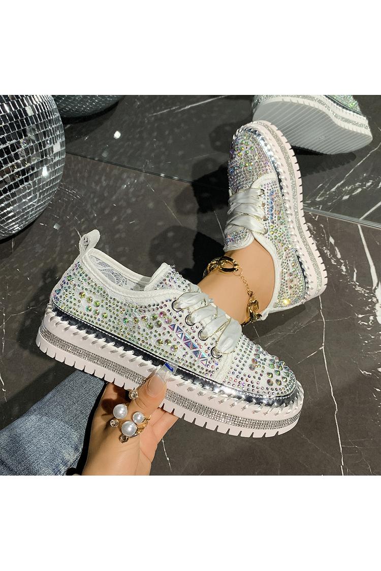 Sneakers casual con plateau e lacci, punta rotonda, decorazioni geometriche in strass 