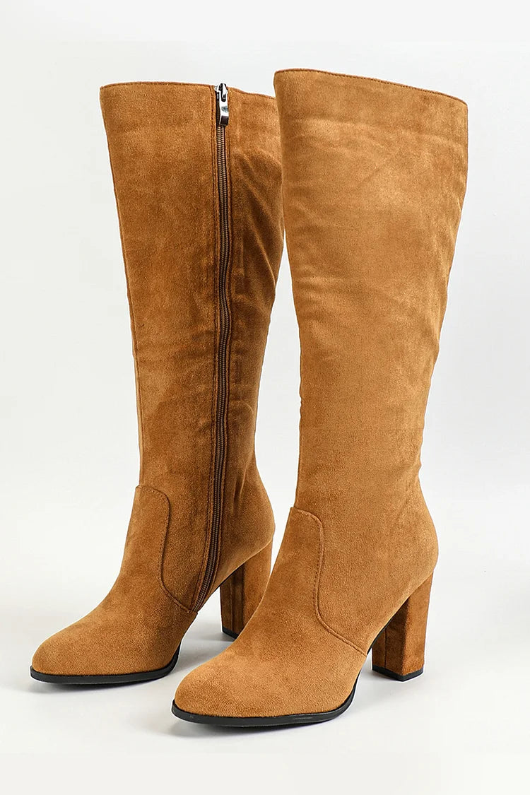 Solid Color Patchwork Pointed Toe Chunky Heel Zipper Knee High Boots