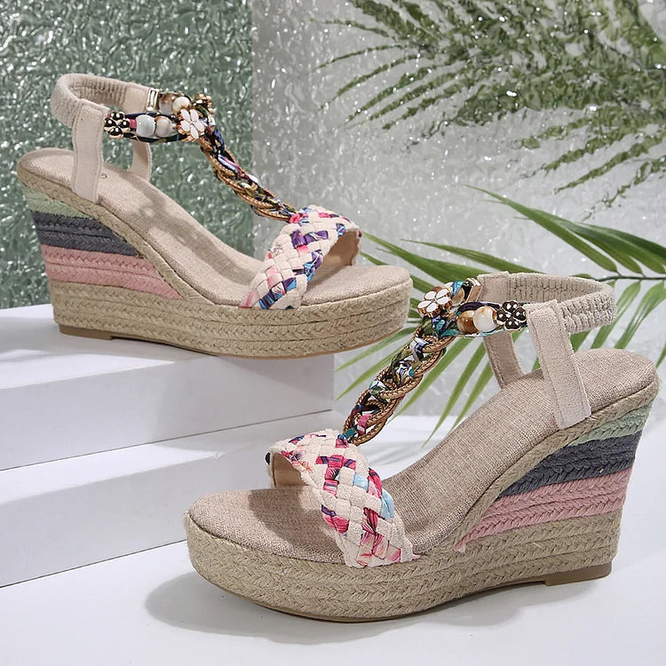 Woven T-Strap Metal Flower Bead Decor Open Toe Wedge Sandals