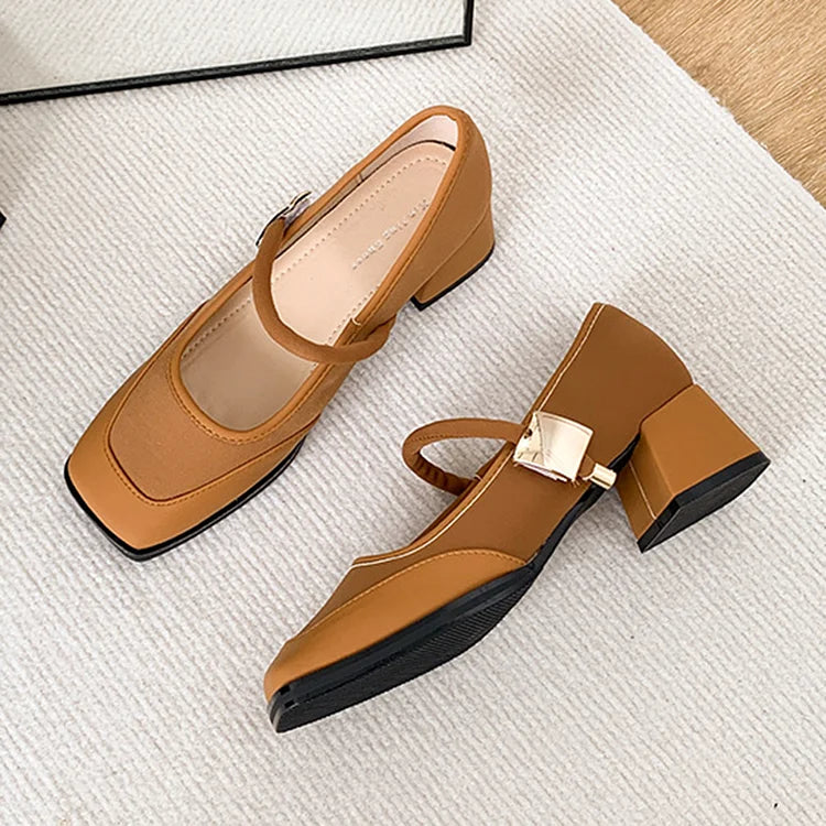 Color Block Patchwork Instep Strap Buckle Square Toe Chunky Heels