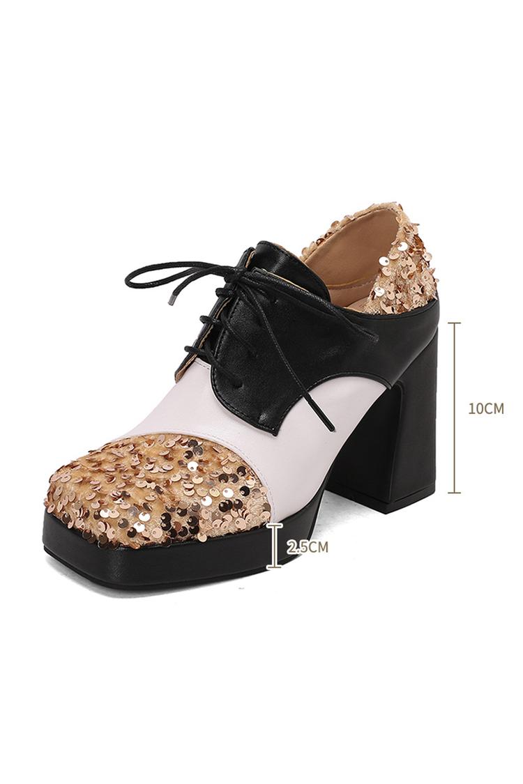 Talons épais à lacets colorblock avec patchwork décoré de sequins et bout carré