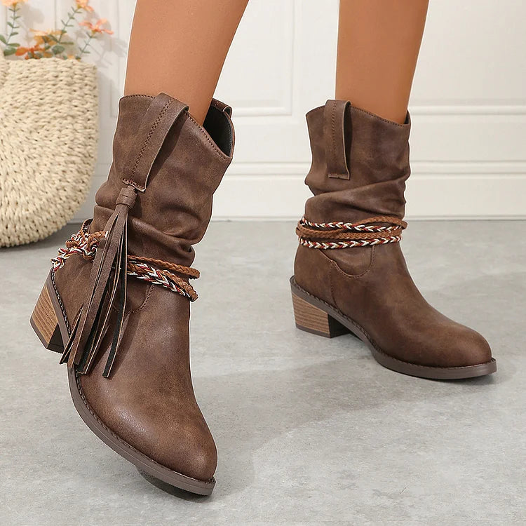 Braided Rope Tassel Decor Slouch Pointed Toe Chunky Heel Ankle Boots