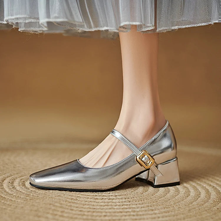 Instep Strap Buckle Metallic Sheen Square Toe Chunky Heels