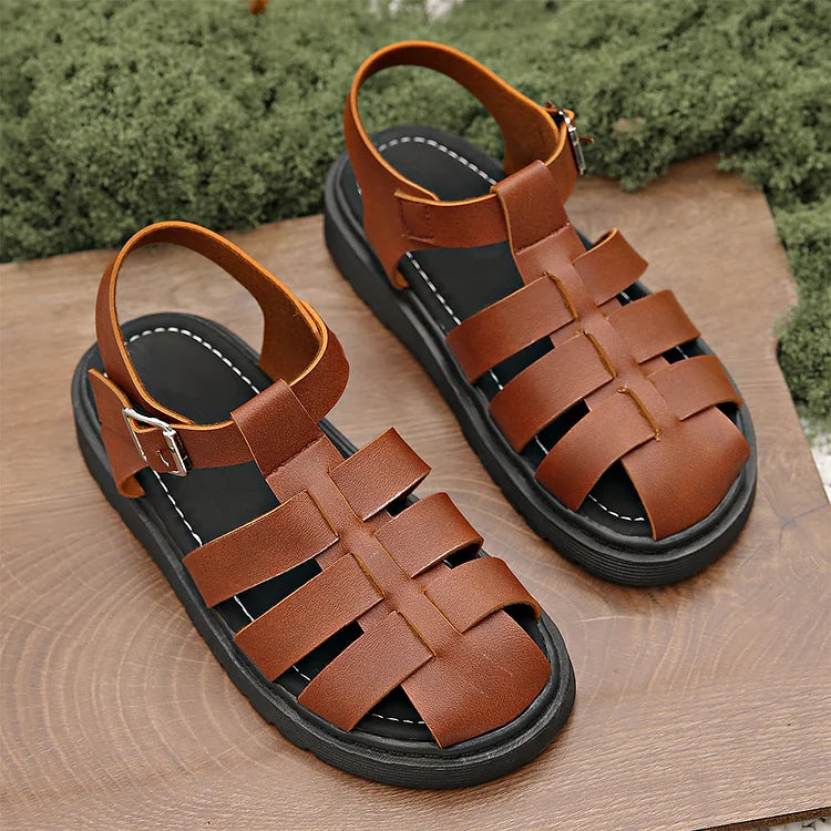 Woven Solid Color Hollow Out T-Strap Buckle Round Toe Sandals