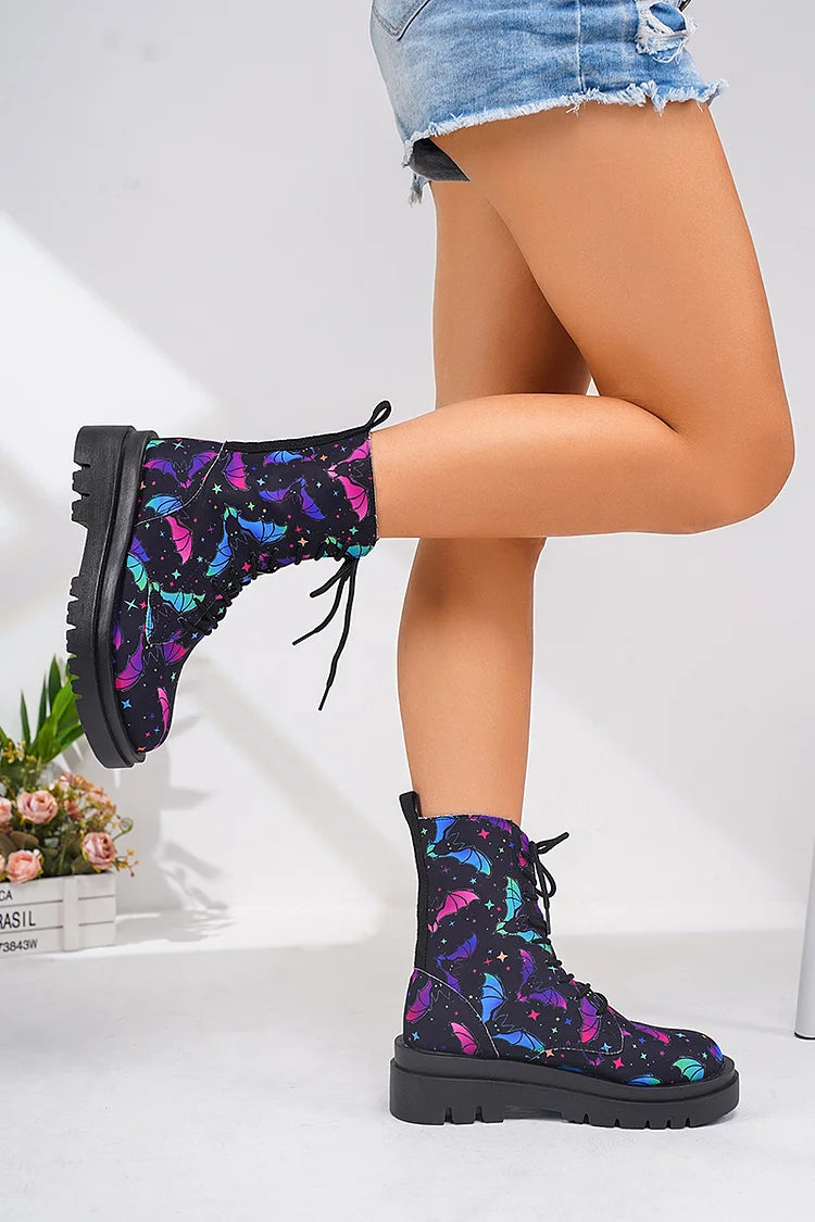 Flower Skull Print Round Toe Casual Lace Up Ankle Boots