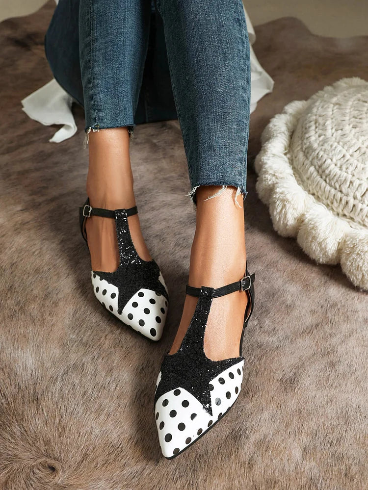 Women's Glitter Stitching Polka Dot Print Pointy Toe Flats