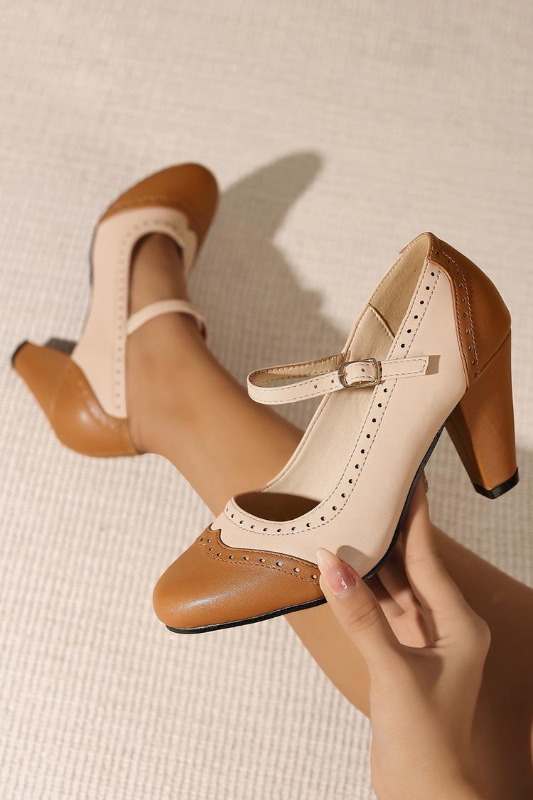 Instep Strap Buckle Colorblock Round Toe Elegant Chunky Heels