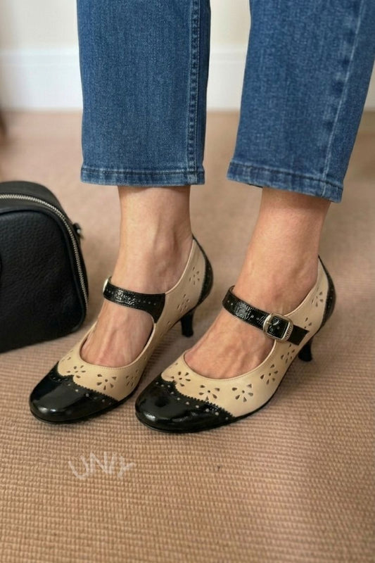 Elegant Bicolor Round Toe Patent Leather Wingtip Kitten Heels [Pre Order]