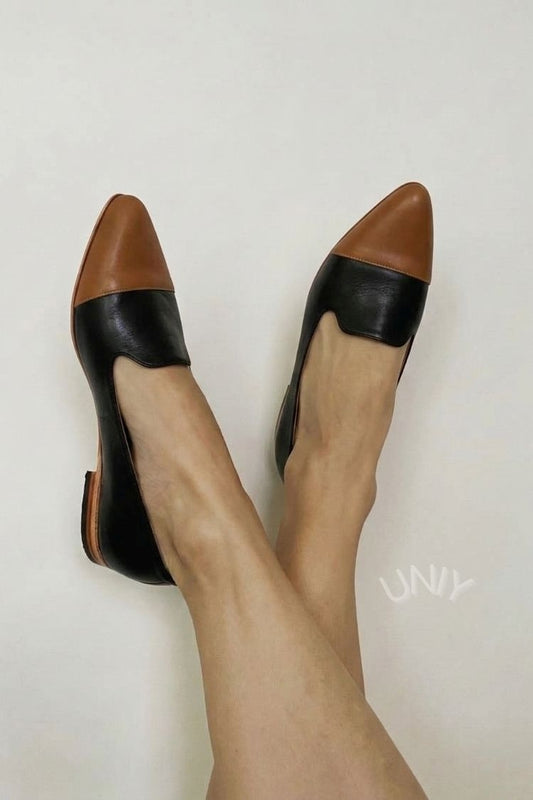 Vintage Two-Tone PU Leather Pointed Toe D'Orsay Loafers [Pre Order]