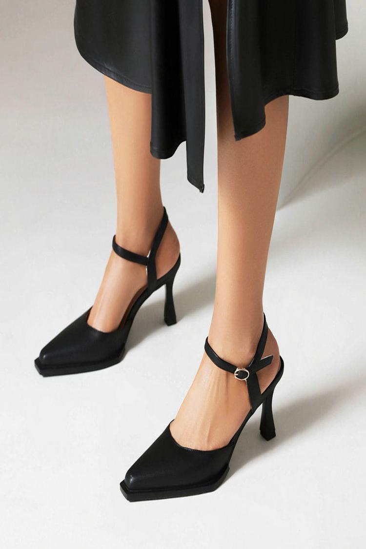 Faux Leather Ankle Strap Plain Square Toe Stilettos