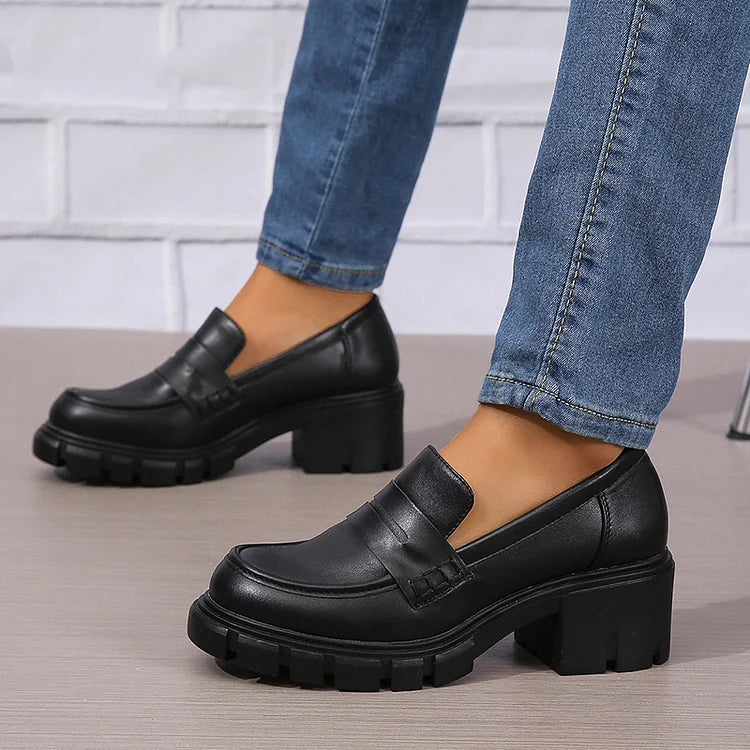 Casual Patchwork Round Toe Plain Chunky Heels Loafers