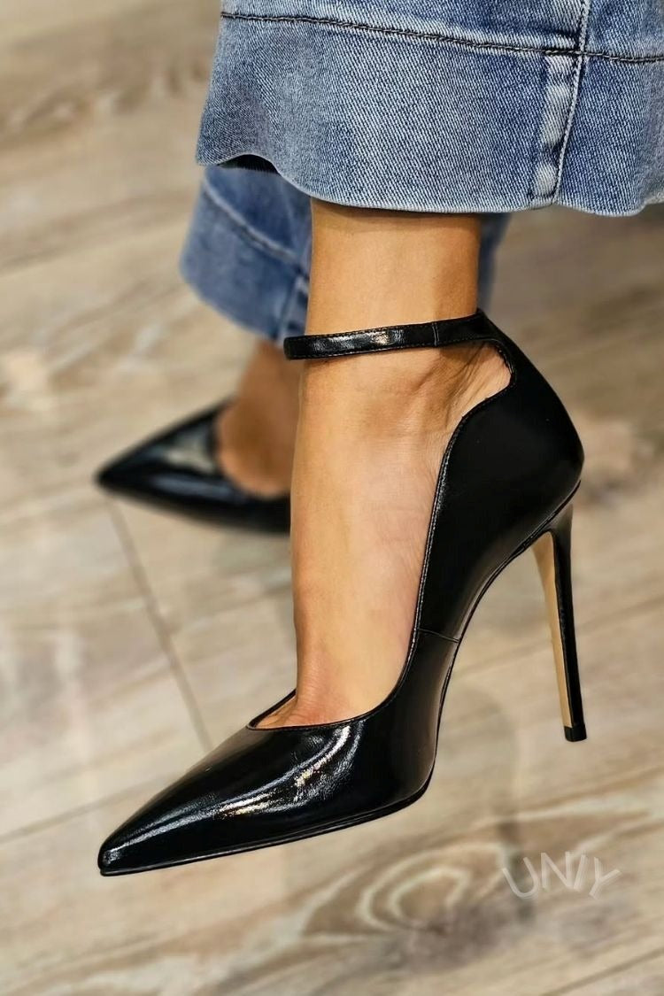 Black Patent Pointed Toe Ankle Strap Stiletto Heels [Pre Order]