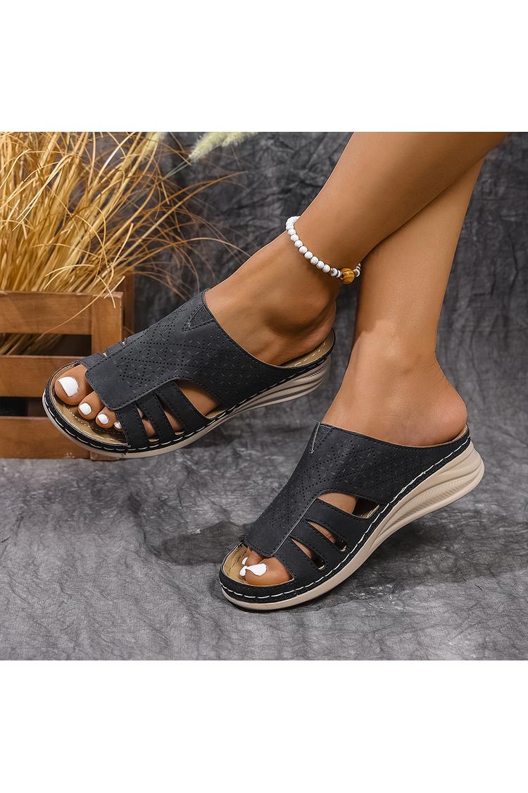 Pantofole casual con zeppa, punta rotonda, in tinta unita, con patchwork traforato 